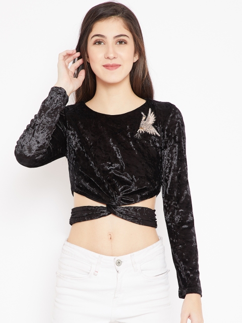 

Madame Women Black Solid Crop Fitted Top with Velvet Finish