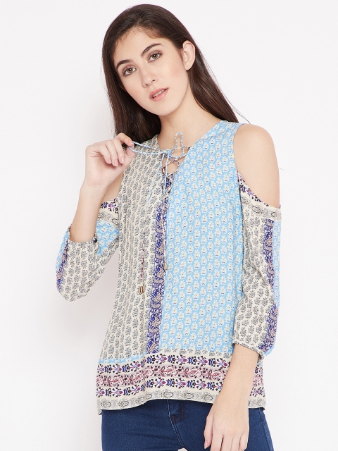 

Madame Women Beige & Blue Printed Cold-Shoulder Top