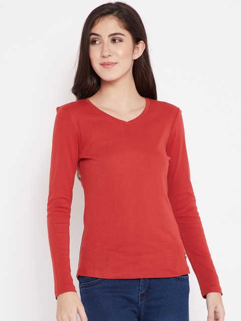 

Madame Women Rust Red Solid V-Neck T-shirt