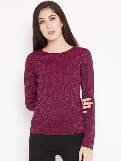 

Madame Women Burgundy Ribbed Pullover with Shimmer Detail