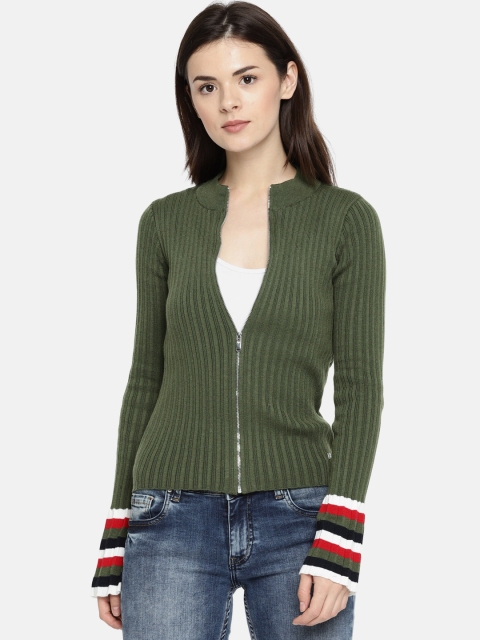 

Madame Women Navy Self-Striped Cardigan, Olive