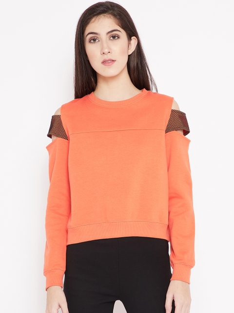 

Madame Women Orange Cold Shoulder Sweatshirt