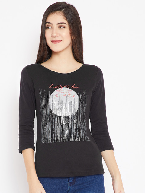 

Madame Women Black Printed T-Shirt