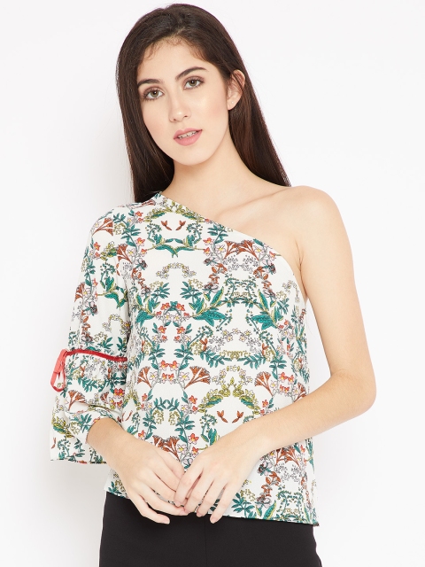 

Madame Women Off-White & Green Floral Print One Shoulder Top