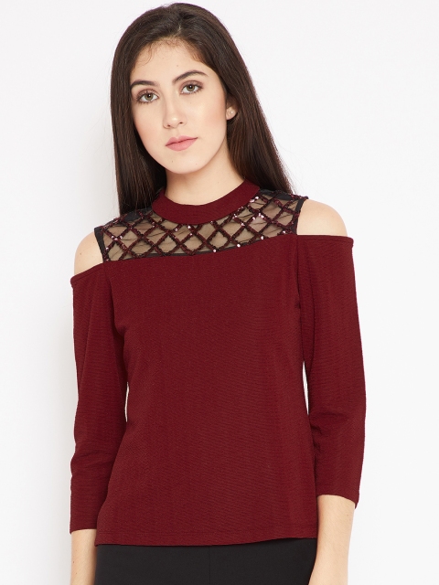 

Madame Women Maroon Solid Cold Shoulder Top