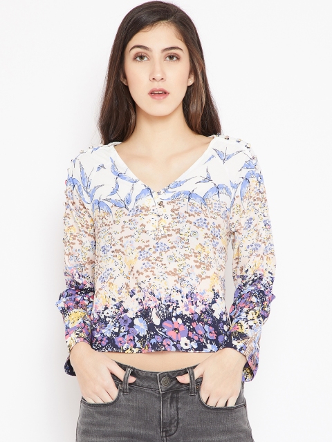 

Madame Women White & Blue Printed Cropped Top