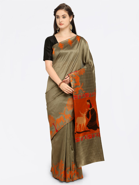 

Sugathari Olive Green & Orange Jute Silk Woven Design Maheshwari Saree