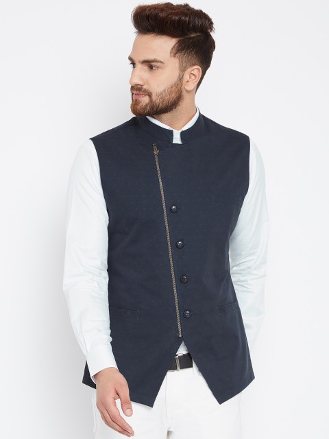 

Hypernation Navy Blue Printed Pure Cotton Nehru Jacket