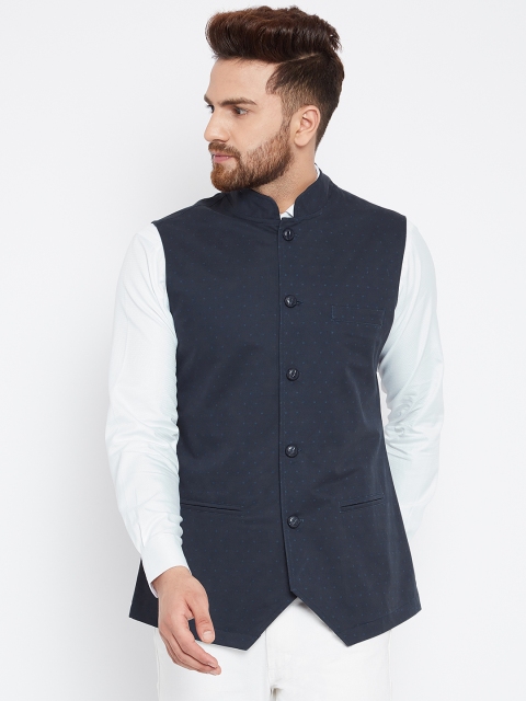 

Hypernation Men Navy Blue Printed Pure Cotton Waistcoat