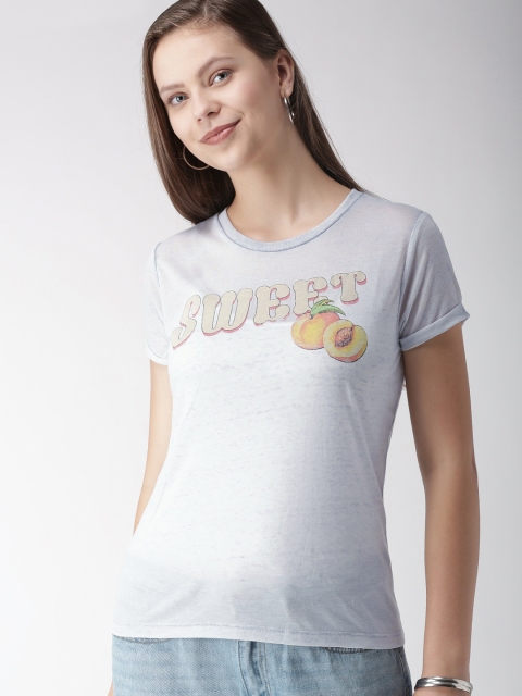 

FOREVER 21 Women Blue Printed Round Neck T-shirt