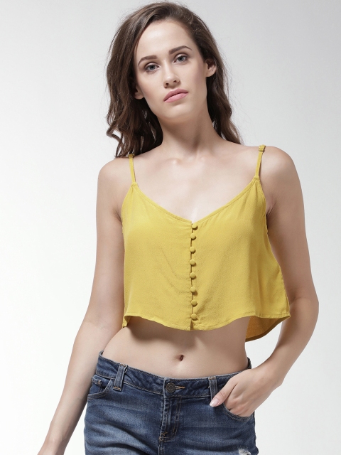 

FOREVER 21 Women Yellow Solid Cropped A-Line Top