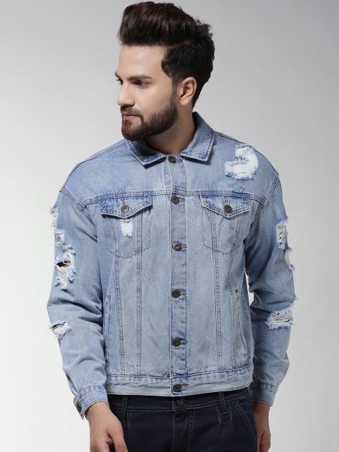 

FOREVER 21 Men Blue Solid Distressed Denim Jacket