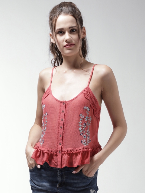 

FOREVER 21 Women Red Semi-Sheer Embroidered Top