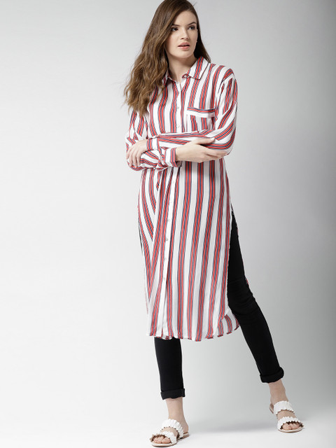 

FOREVER 21 Women White & Red Regular Fit Striped Longline Shirt