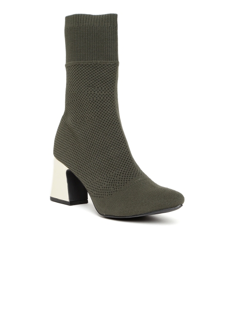 

FOREVER 21 Women Olive Green Woven Design Mid-Top Heeled Boots