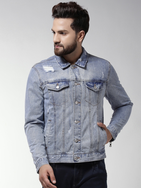 

FOREVER 21 Men Blue Solid Distressed Denim Jacket