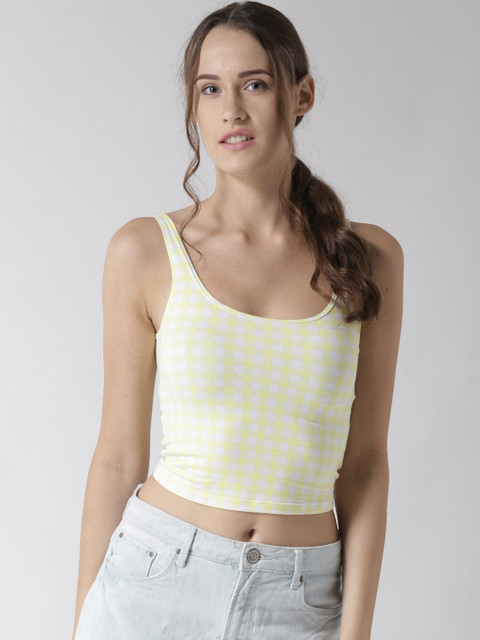 

FOREVER 21 Women Yellow & White Checked Fitted Crop Top