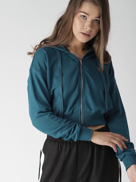 

FOREVER 21 Women Teal Blue Solid Hooded Crop Sweatshirt
