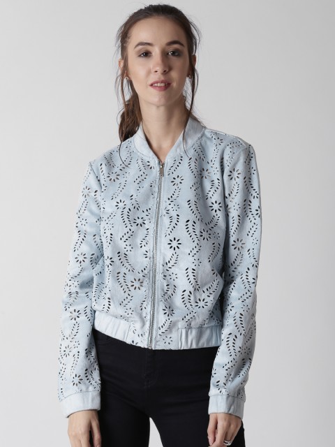 

FOREVER 21 Women Blue Suede Finish Self Design Bomber Jacket