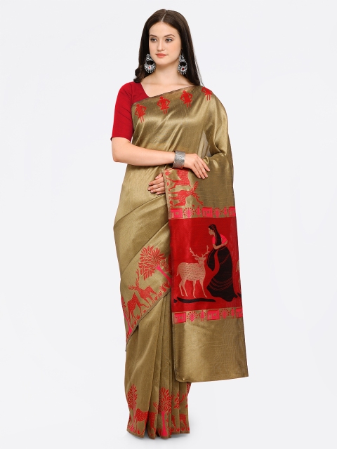 

Sugathari Bronze-Toned & Red Jute Silk Woven Design Maheshwari Saree