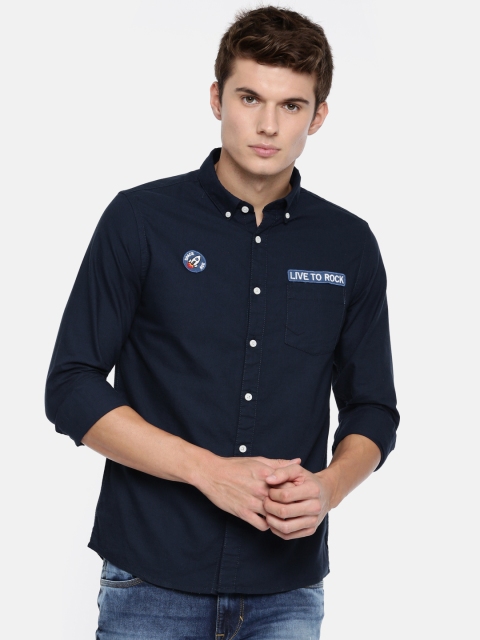 

People Men Navy Blue Slim Fit Solid Casual Shirt
