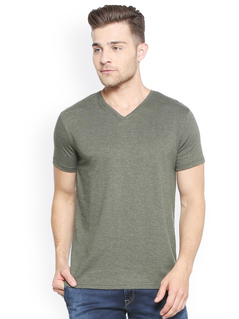

People Men Olive Green Solid V-Neck T-shirt