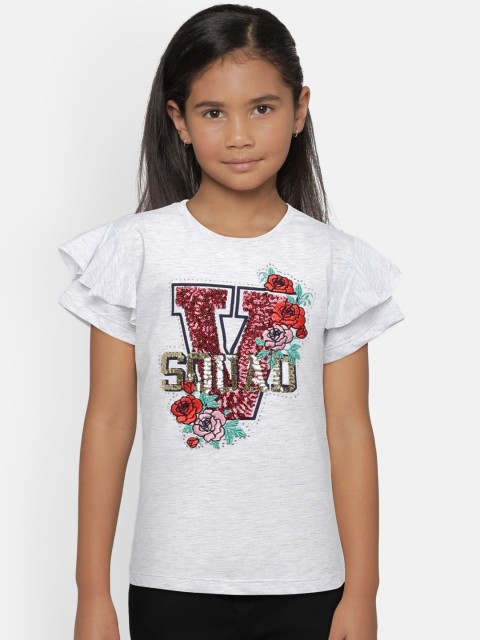 

VITAMINS Girls Grey Melange Embellished Top