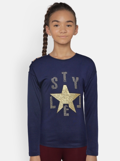 

VITAMINS Girls Navy Blue Embellished Top