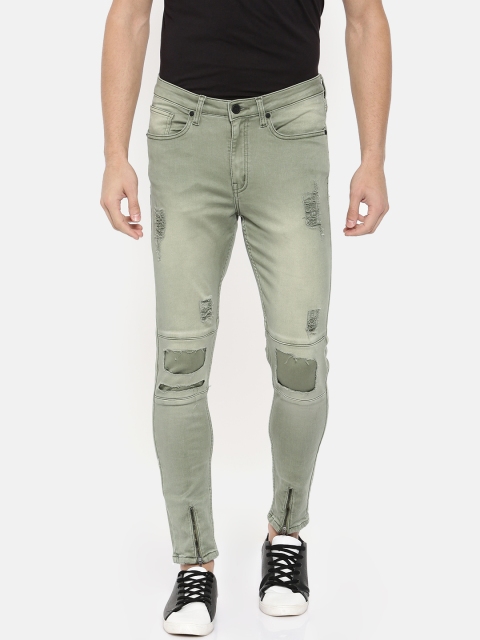 

SKULT by Shahid Kapoor Men Olive Green Super Skinny Fit Mid-Rise Highly Distressed Jeans