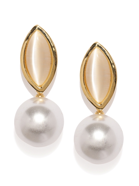 

E2O Gold-Toned & White Teardrop-Shaped Drop Earrings