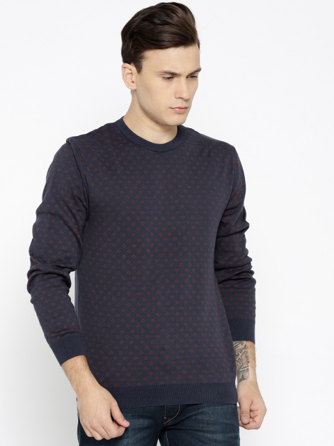 

Wills Lifestyle Men Navy & Brown Self-Design Sweater, Navy blue