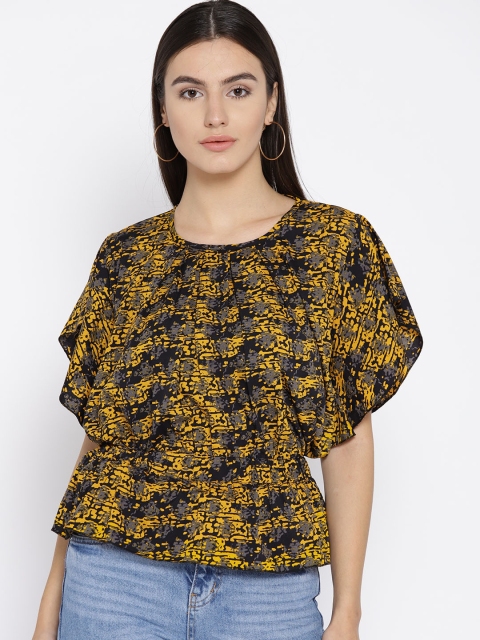 

Cottinfab Women Black & Yellow Printed Cinched Waist Top