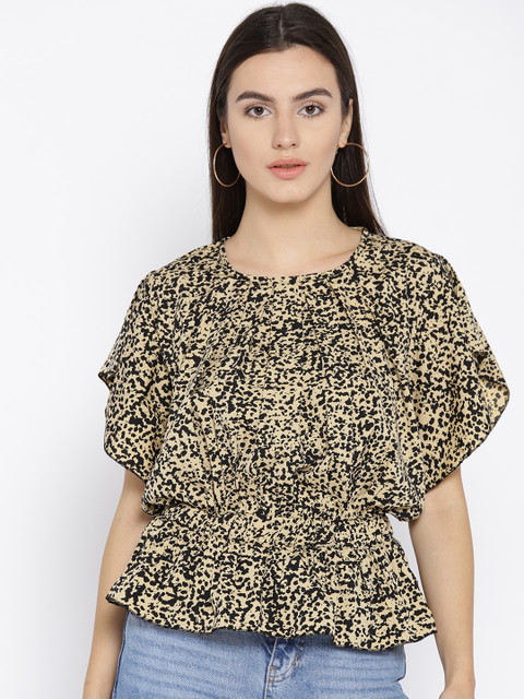 

Cottinfab Women Beige & Black Printed Cinched Waist Top