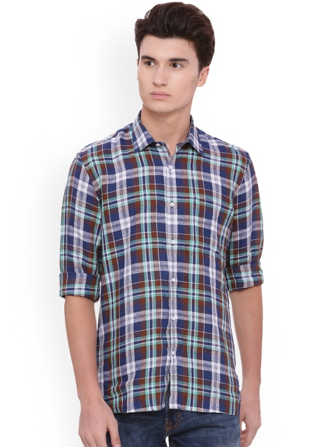 

Peter England Elite Men Blue & Off-White Regular Fit Checked Casual Linen Shirt