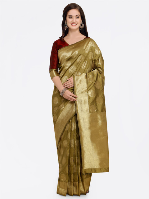 

Shaily Olive Green & Gold-Toned Pure Silk Woven Design Banarasi Saree