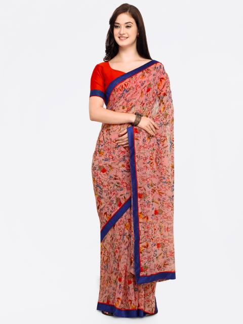 

Shaily Peach-Coloured & Blue Pure Georgette Printed Saree