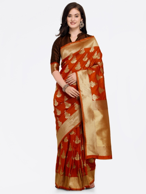 

Shaily Maroon & Gold-Toned Pure Silk Woven Design Banarasi Saree