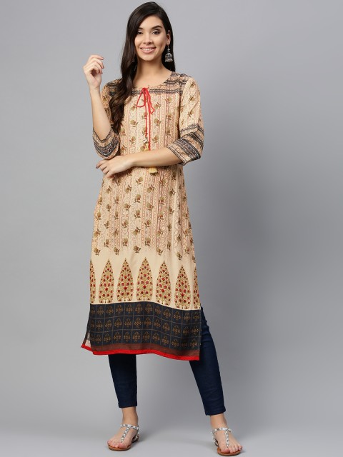 

Shree Women Beige & Navy Blue Printed Straight Kurta