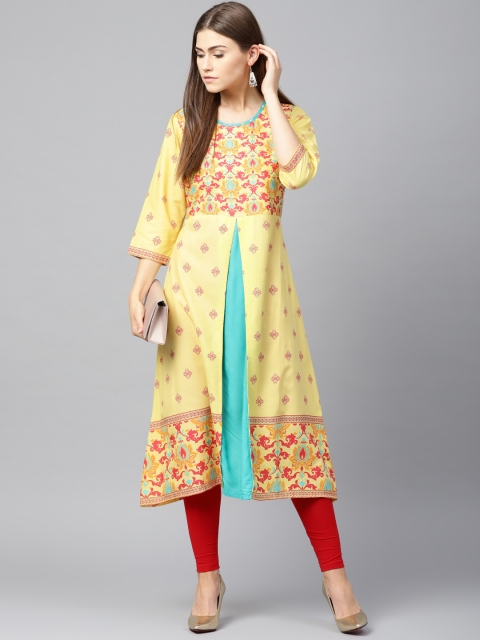 

Shree Women Yellow & Green Printed Layered A-Line Kurta