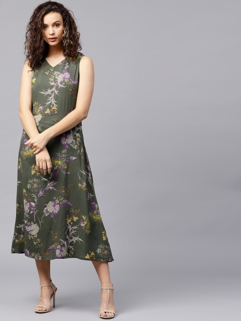 

Shree Women Olive Green Printed Fit and Flare Dress