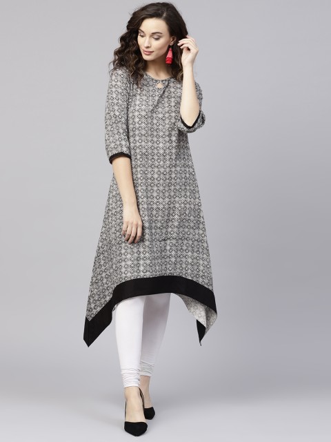 

Shree Women Black & White Printed Asymmetric A-Line Kurta