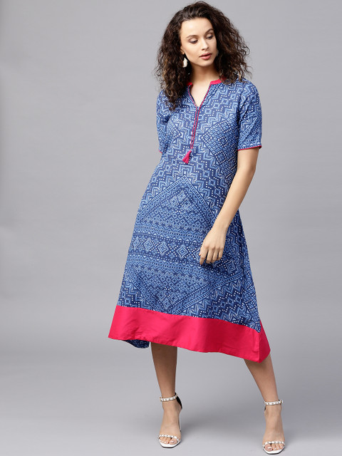 

Shree Women Blue Printed Midi A-Line Dress