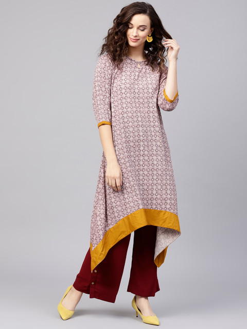 

Shree Women Burgundy & Off-White Printed Asymmetrical Hem A-Line Kurta