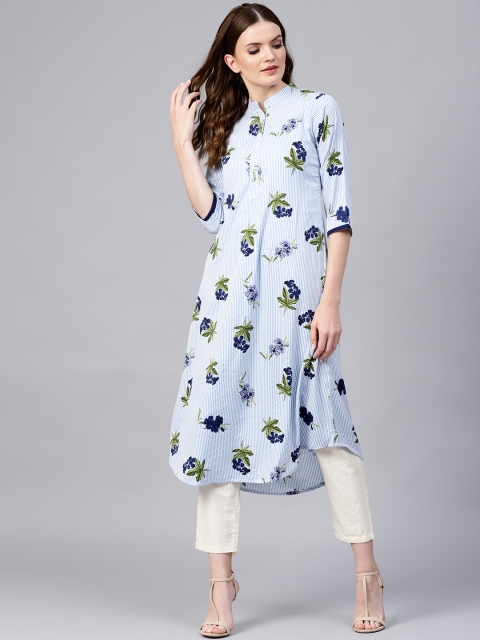 

Nayo Women Blue & White Striped A-Line Kurta