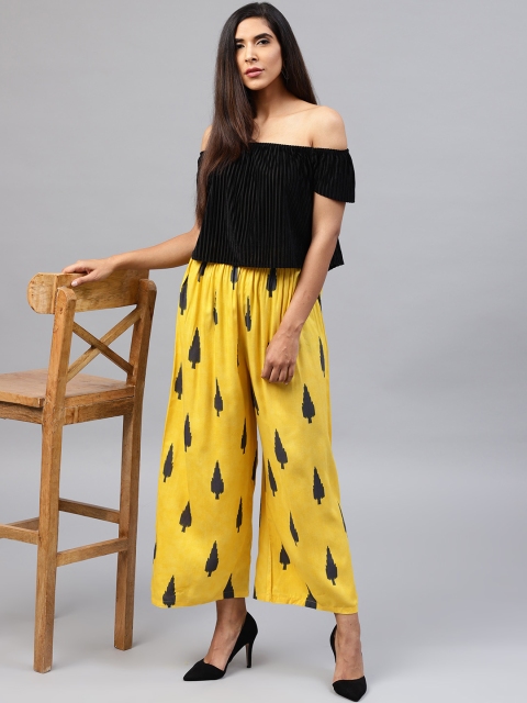 

Nayo Women Yellow & Charcoal Grey Printed Straight Palazzos
