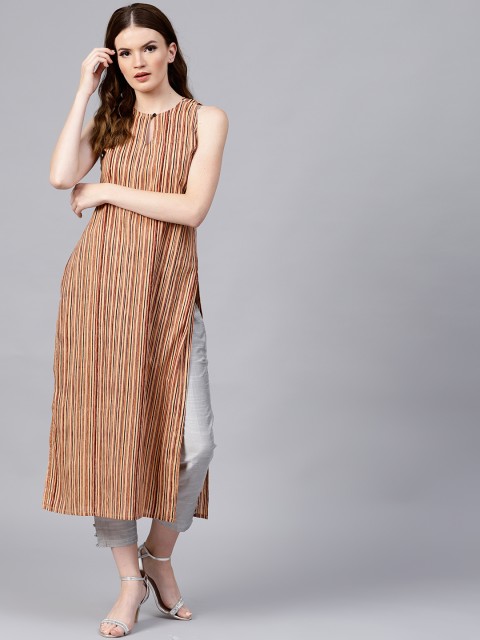 

Nayo Women Beige Striped Straight Kurta