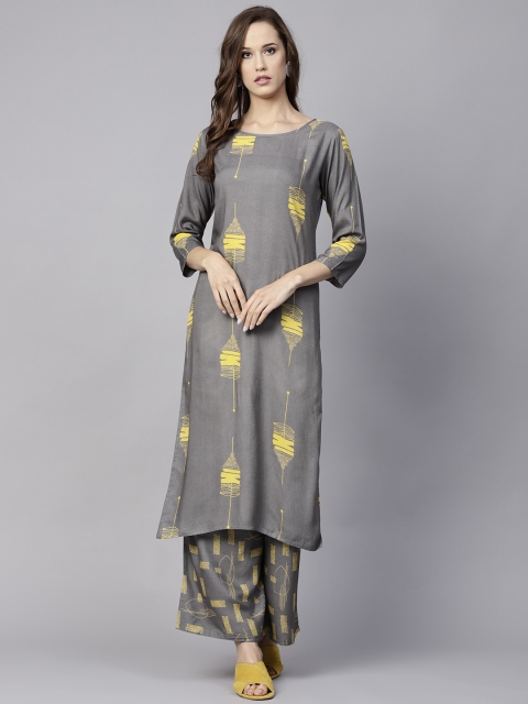 

Nayo Women Grey & Mustard Yellow Printed Kurta with Palazzos