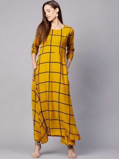 

Nayo Women Mustard Yellow Checked Asymmetric A-Line Kurta