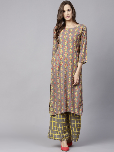 

Nayo Women Grey & Mustard Yellow Printed Kurta with Palazzos