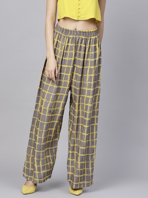 

Nayo Women Grey & Yellow Checked Straight Palazzos